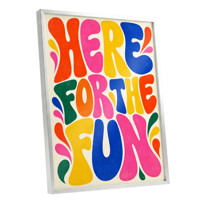 Full Colour Fun, pink, yellow, blue abstract wall art shown as a silver framed poster wall art print