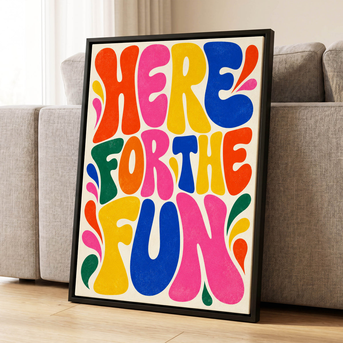 Full Colour Fun, pink, yellow, blue abstract wall art displayed in a styled interior, gallery view 1