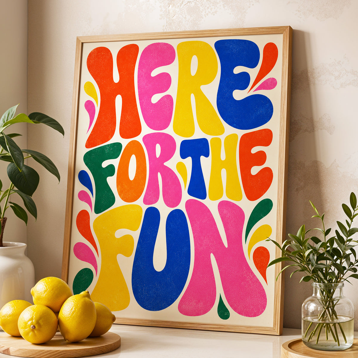 Full Colour Fun, pink, yellow, blue abstract wall art displayed in a styled interior, gallery view 4