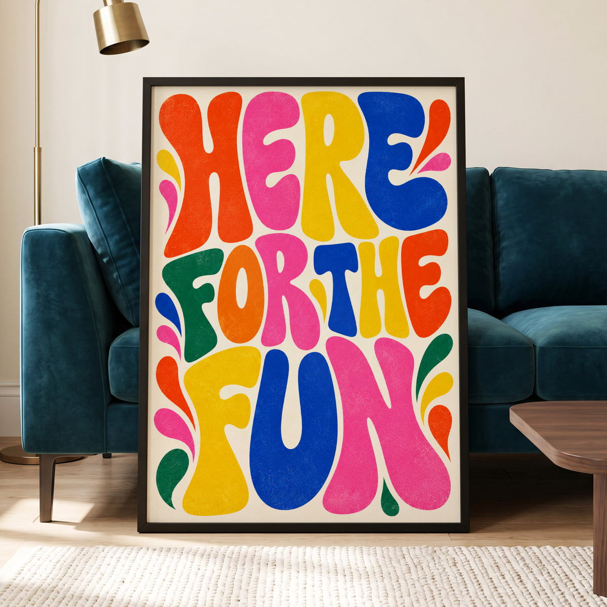 Full Colour Fun, pink, yellow, blue abstract wall art displayed in a styled interior, gallery view 5