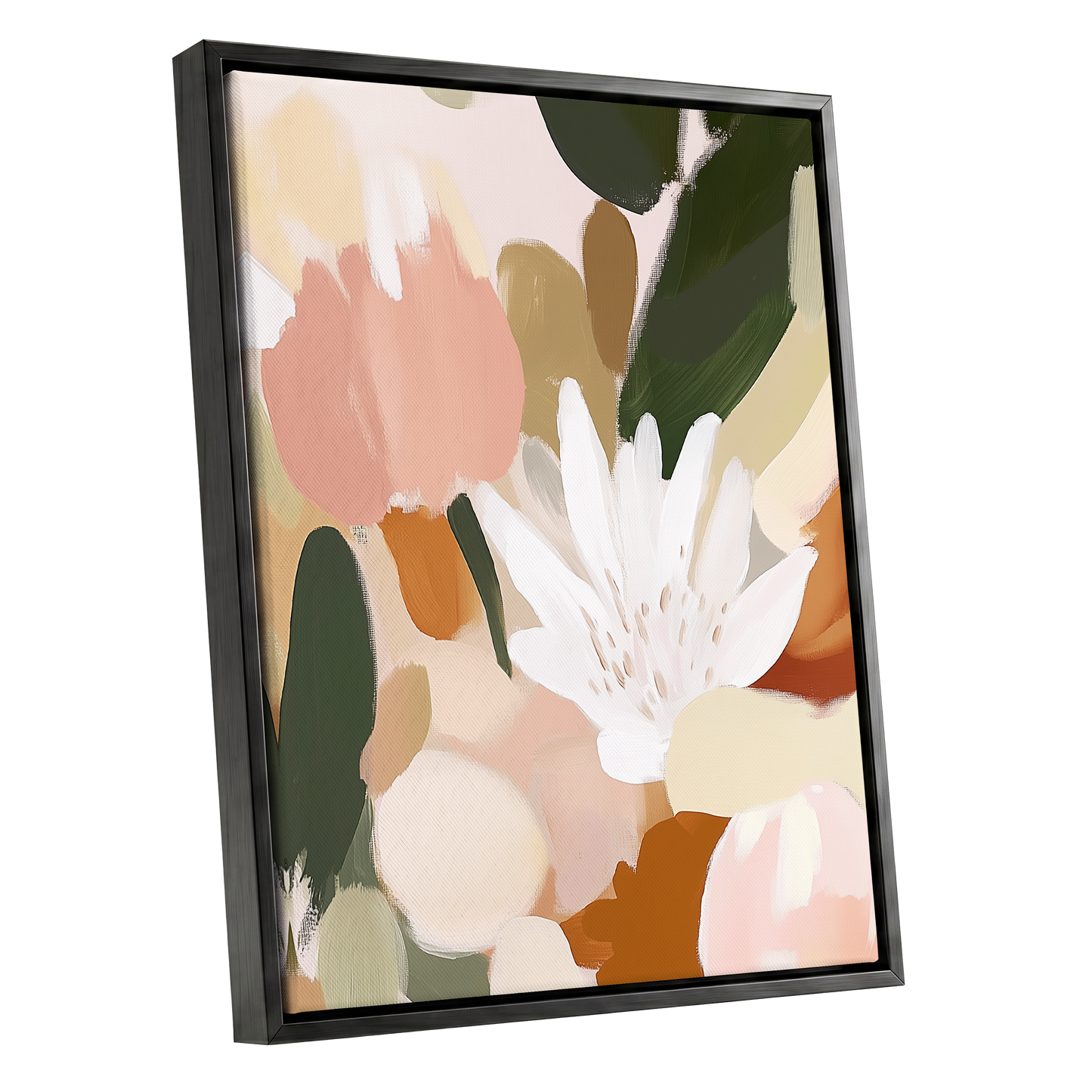 Garden in Soft Focus, green, beige, pink floral wall art shown as a black framed canvas wall art