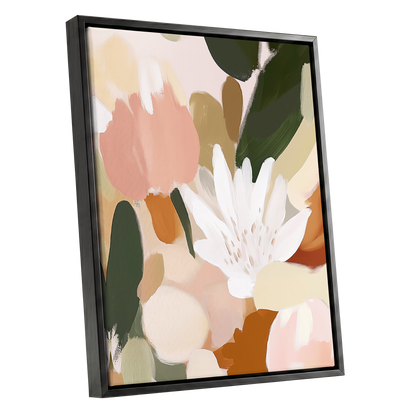 Garden in Soft Focus, green, beige, pink floral wall art shown as a black framed canvas wall art