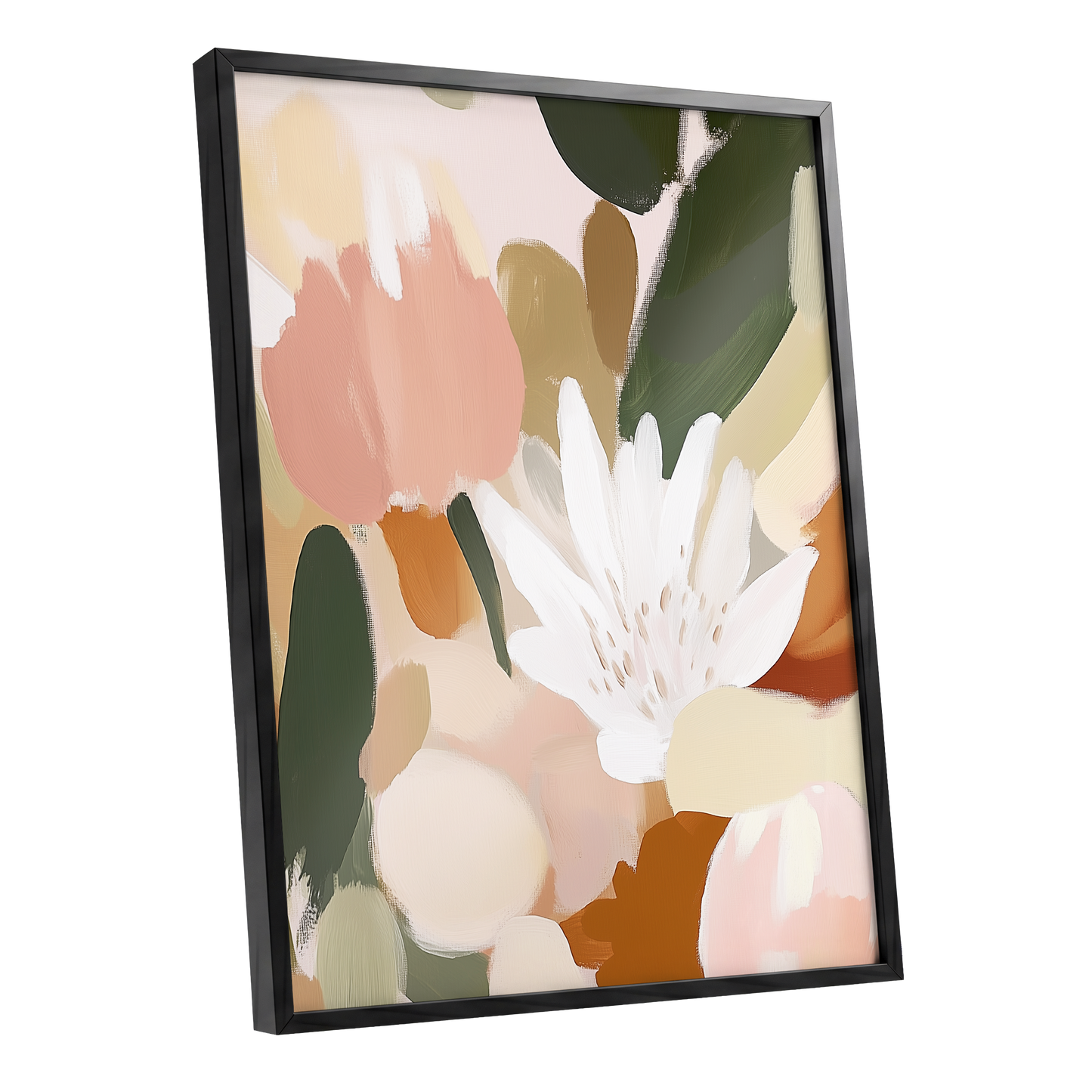 Garden in Soft Focus, green, beige, pink floral wall art shown as a black framed poster wall art print