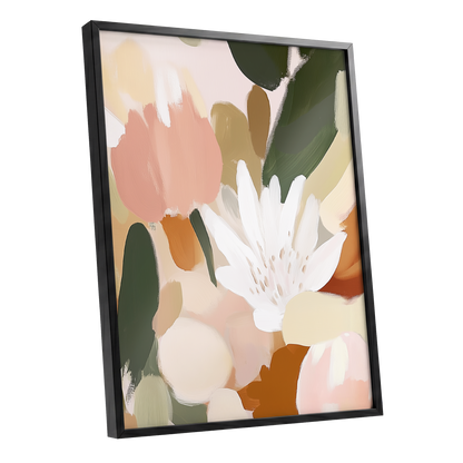 Garden in Soft Focus, green, beige, pink floral wall art shown as a black framed poster wall art print