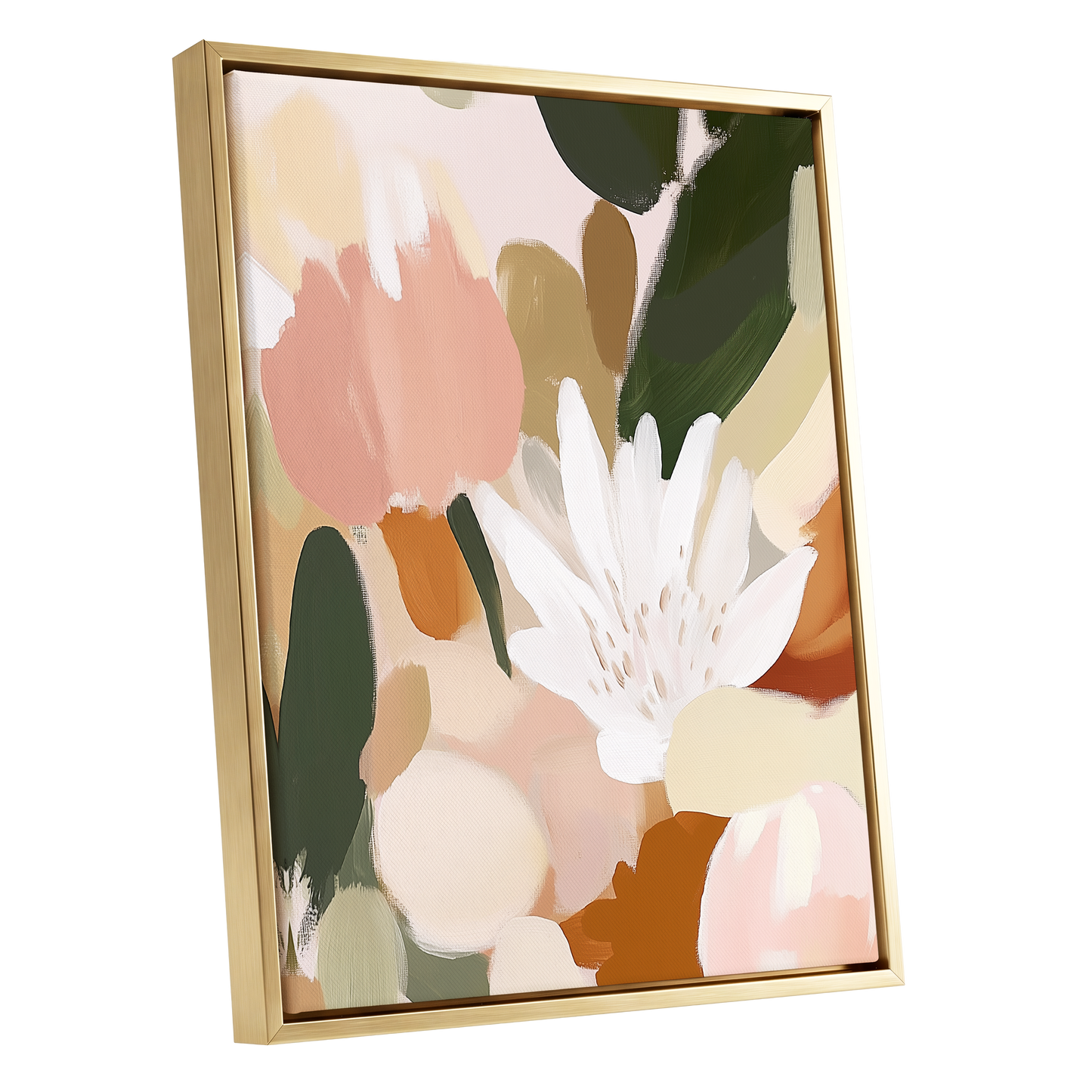 Garden in Soft Focus, green, beige, pink floral wall art shown as a gold framed canvas wall art