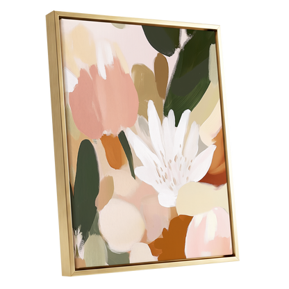 Garden in Soft Focus, green, beige, pink floral wall art shown as a gold framed canvas wall art