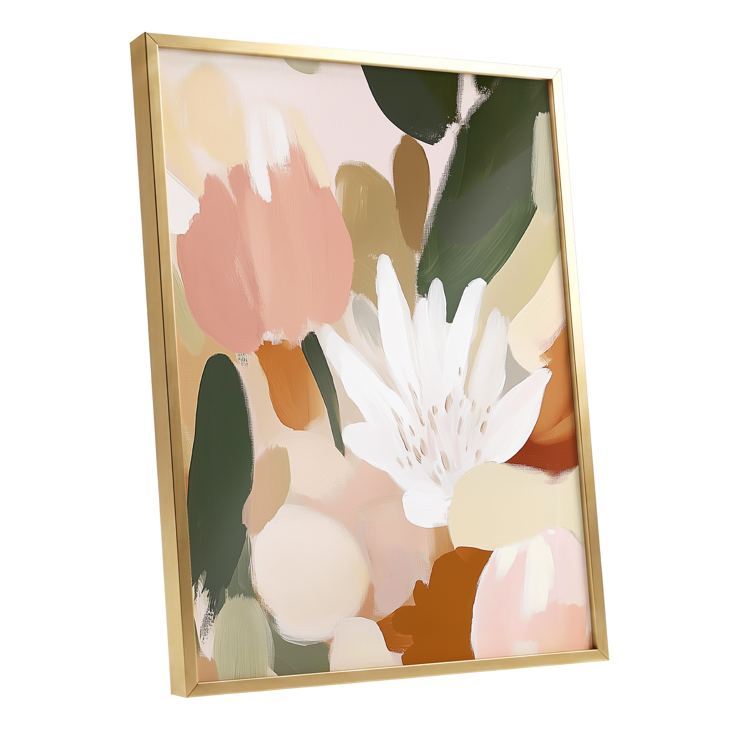 Garden in Soft Focus, green, beige, pink floral wall art shown as a gold framed poster wall art print