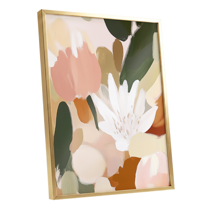 Garden in Soft Focus, green, beige, pink floral wall art shown as a gold framed poster wall art print