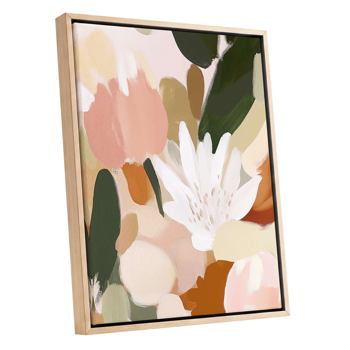 Garden in Soft Focus, green, beige, pink floral wall art shown as a oak framed canvas wall art