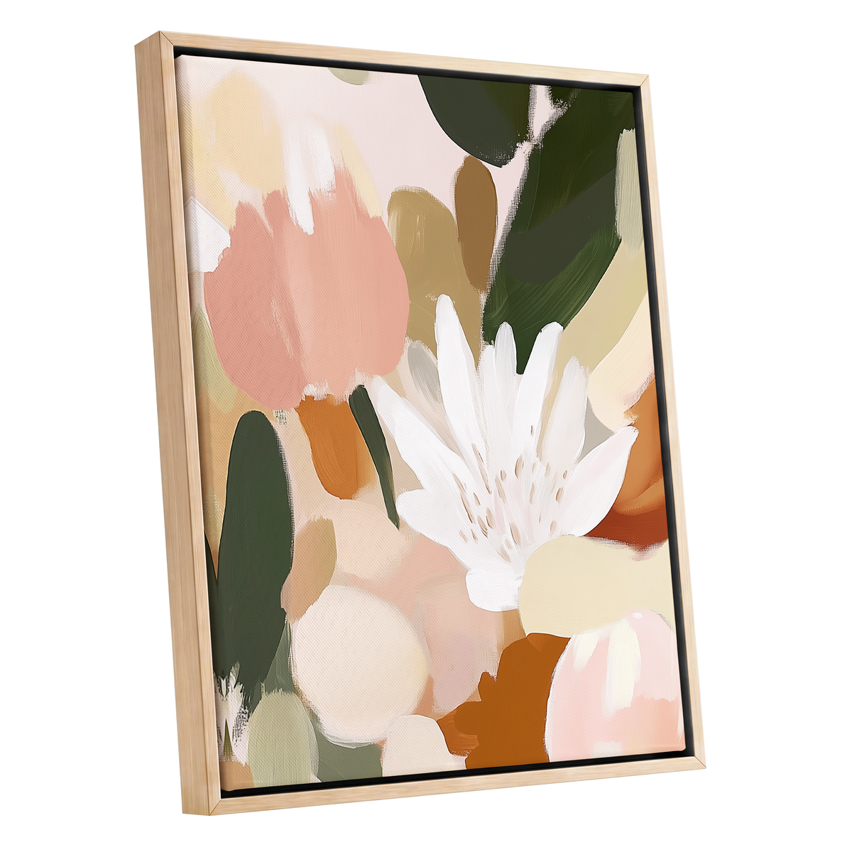 Garden in Soft Focus, green, beige, pink floral wall art shown as a oak framed canvas wall art