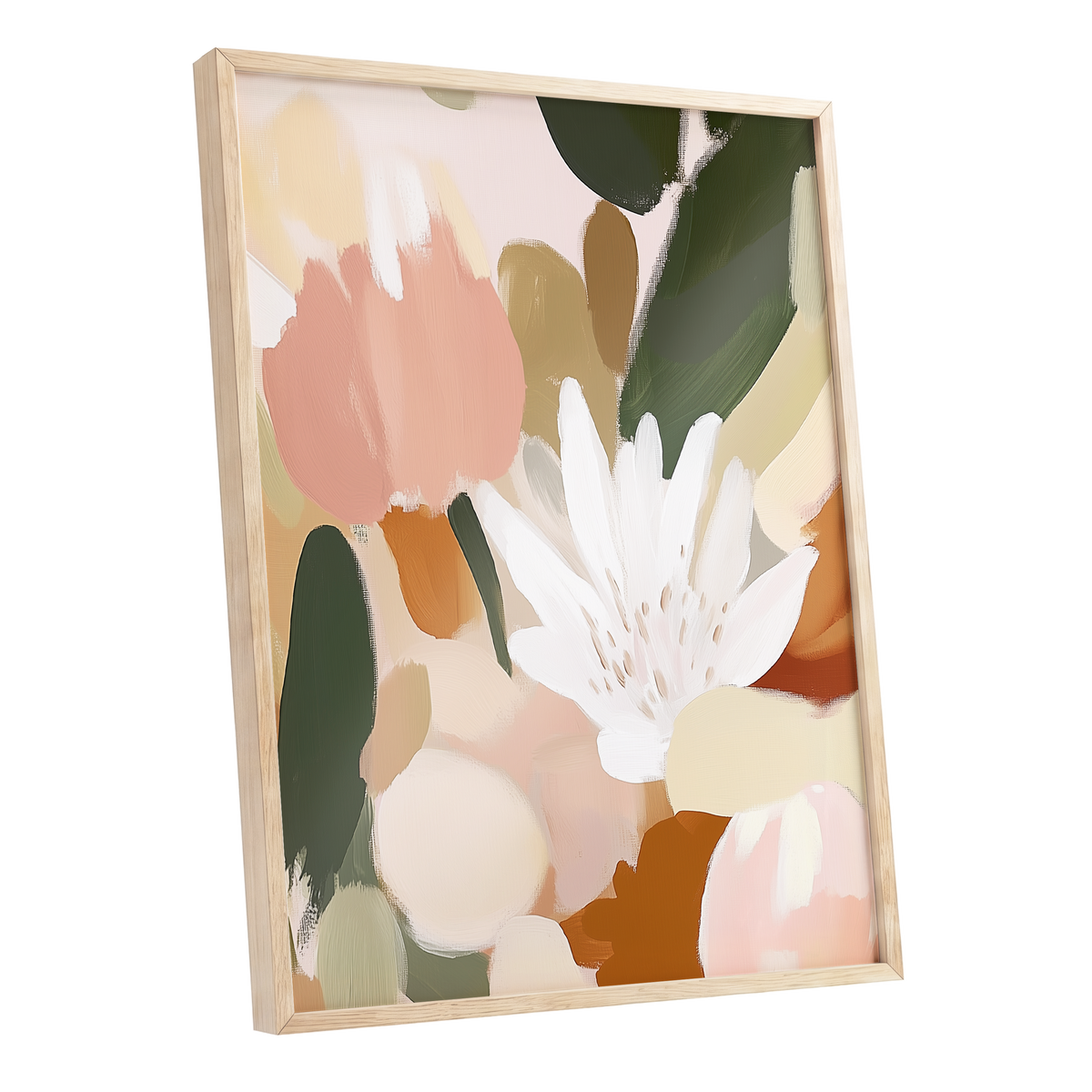 Garden in Soft Focus, green, beige, pink floral wall art shown as a oak framed poster wall art print