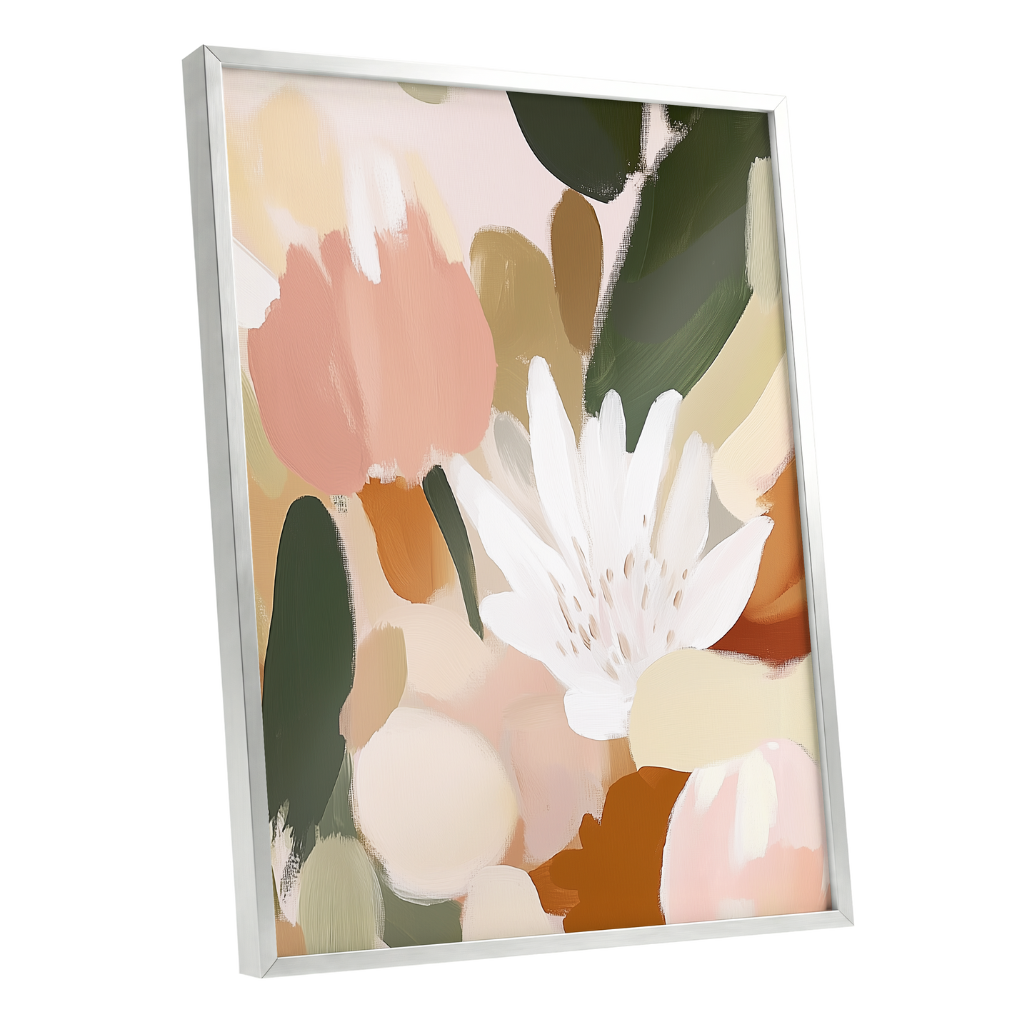 Garden in Soft Focus, green, beige, pink floral wall art shown as a silver framed poster wall art print