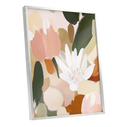 Garden in Soft Focus, green, beige, pink floral wall art shown as a silver framed poster wall art print