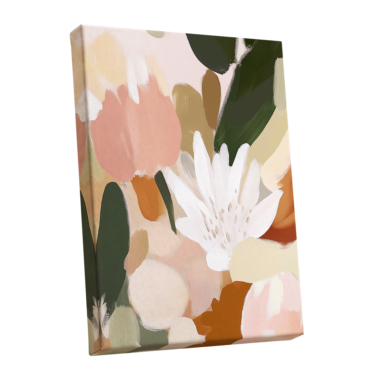 Garden in Soft Focus, green, beige, pink floral wall art shown as a stretched canvas wall art