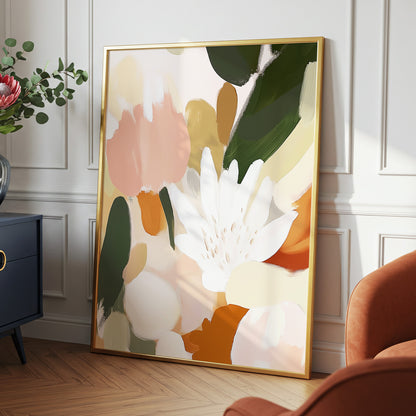 Garden in Soft Focus, green, beige, pink floral wall art displayed in a styled interior, gallery view 2