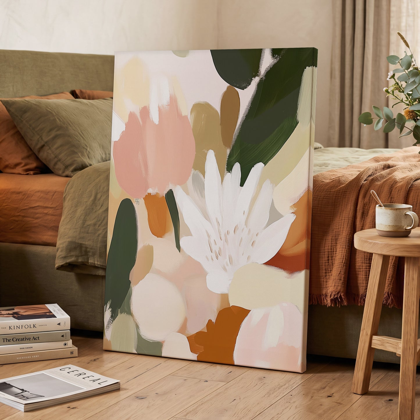 Garden in Soft Focus, green, beige, pink floral wall art displayed in a styled interior, gallery view 3