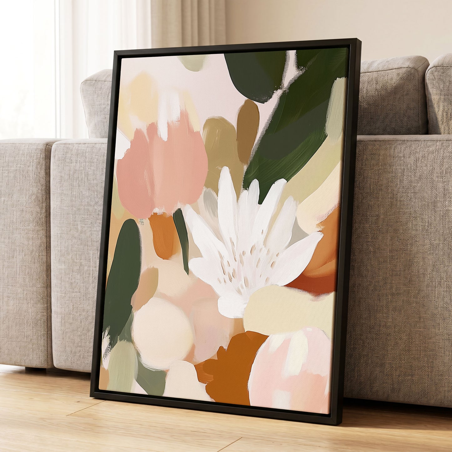 Garden in Soft Focus, green, beige, pink floral wall art displayed in a styled interior, gallery view 4