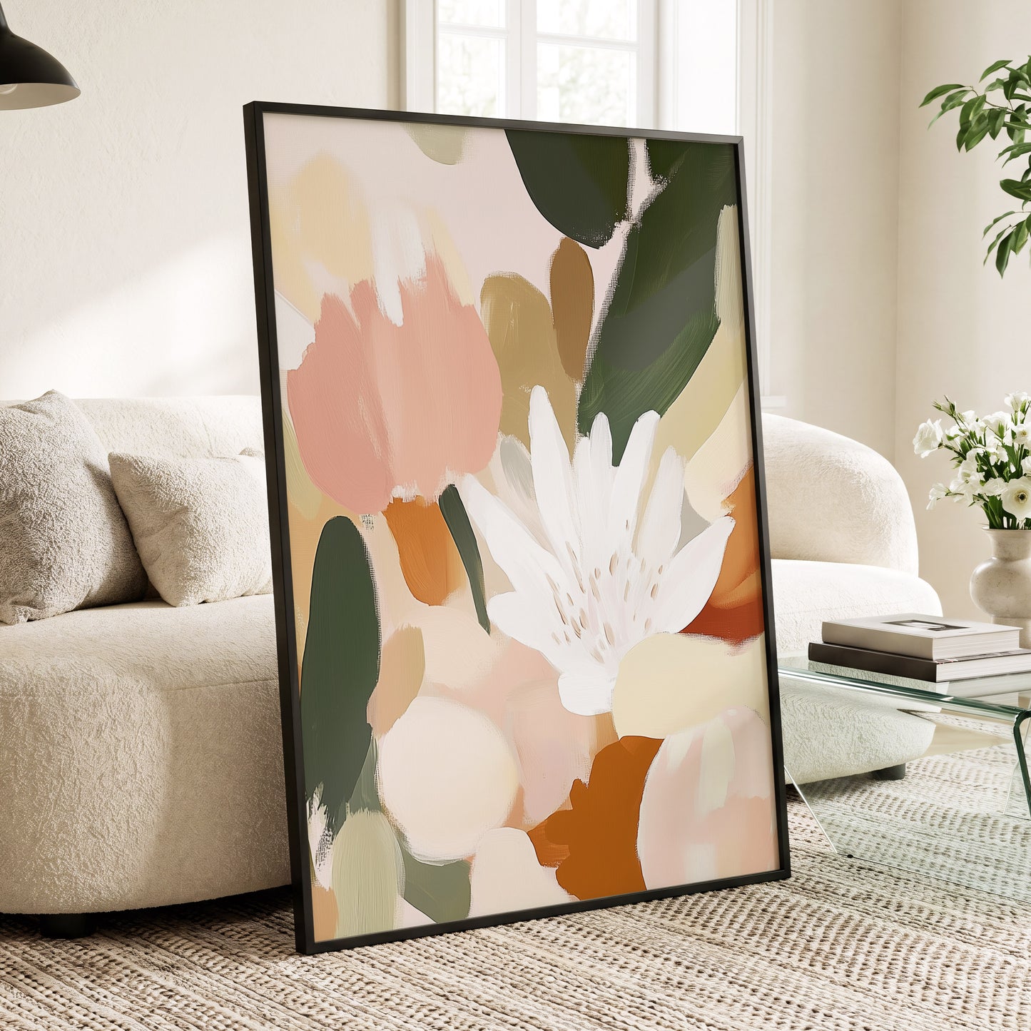 Garden in Soft Focus, green, beige, pink floral wall art displayed in a styled interior, gallery view 6