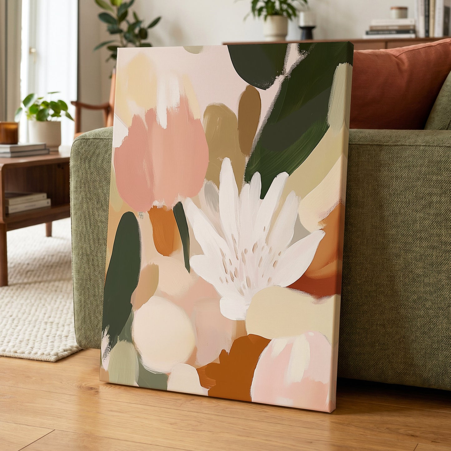 Garden in Soft Focus, green, beige, pink floral wall art displayed in a styled interior, gallery view 7