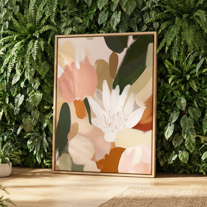 Garden in Soft Focus, green, beige, pink floral wall art displayed in a styled interior, gallery view 8