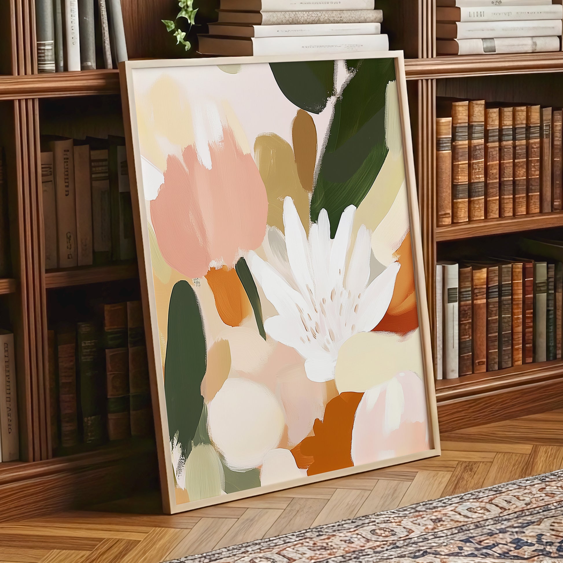 Garden in Soft Focus, green, beige, pink floral wall art displayed in a styled interior, gallery view 9