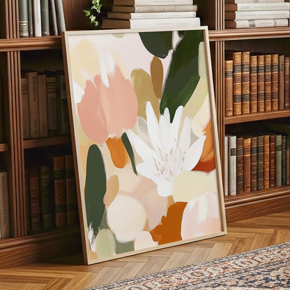 Garden in Soft Focus, green, beige, pink floral wall art displayed in a styled interior, gallery view 9