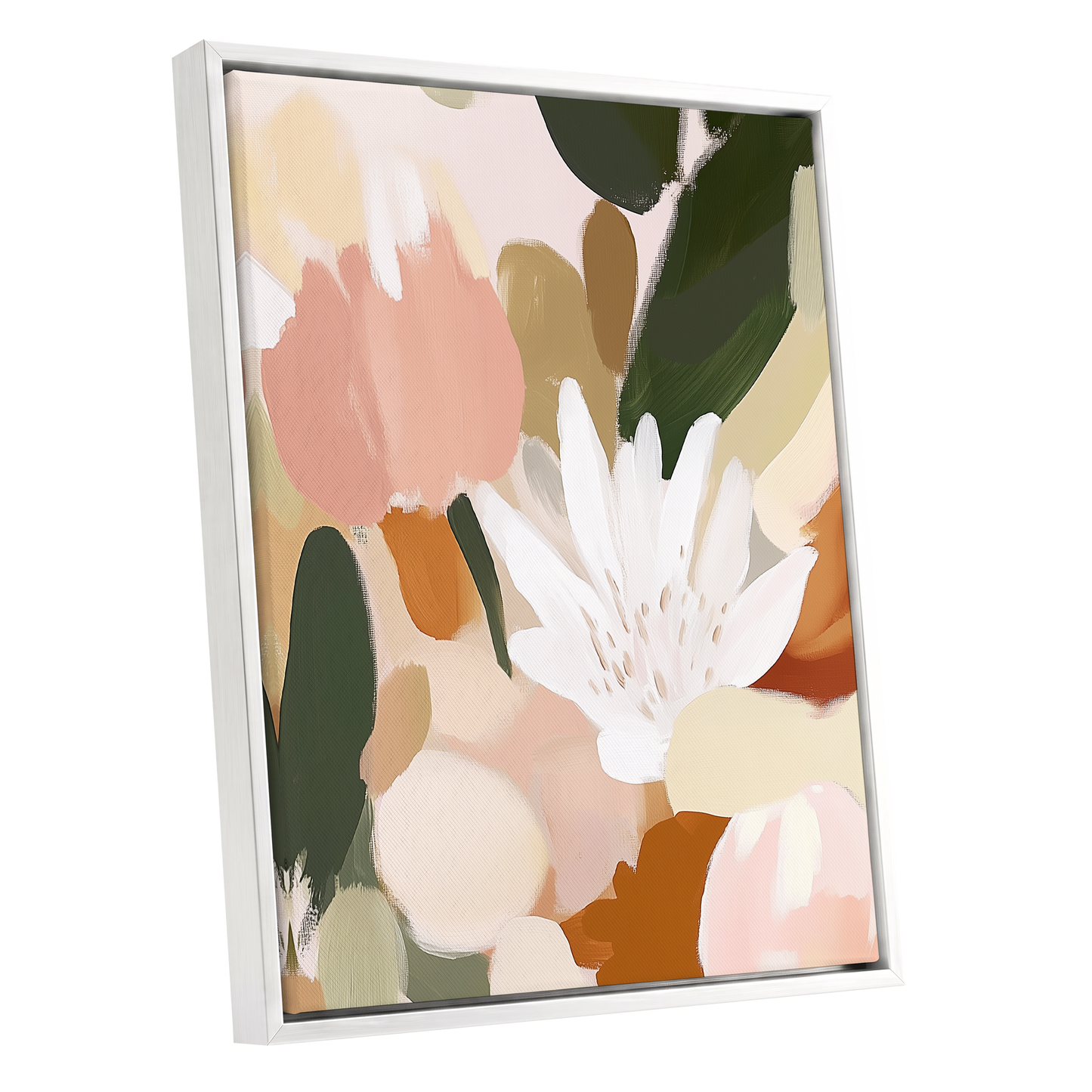 Garden in Soft Focus, green, beige, pink floral wall art shown as a white framed canvas wall art