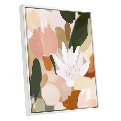 Garden in Soft Focus, green, beige, pink floral wall art shown as a white framed canvas wall art