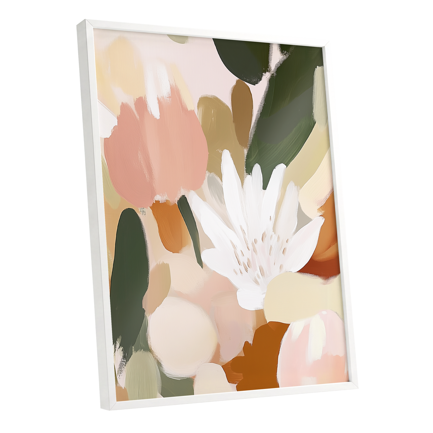 Garden in Soft Focus, green, beige, pink floral wall art shown as a white framed poster wall art print