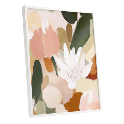 Garden in Soft Focus, green, beige, pink floral wall art shown as a white framed poster wall art print