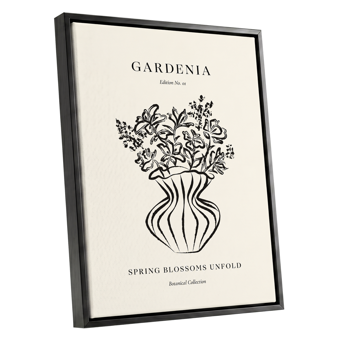 Gardenia in Stripes, black, beige, white floral wall art shown as a black framed canvas wall art