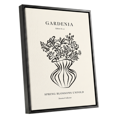 Gardenia in Stripes, black, beige, white floral wall art shown as a black framed canvas wall art