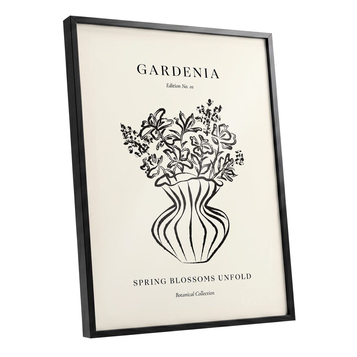 Gardenia in Stripes, black, beige, white floral wall art shown as a black framed poster wall art print