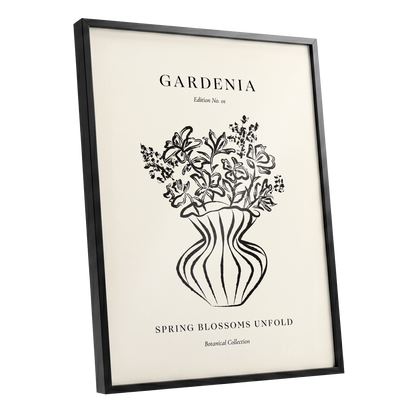 Gardenia in Stripes, black, beige, white floral wall art shown as a black framed poster wall art print