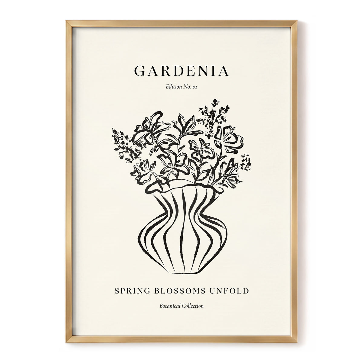 Gardenia in Stripes, black, beige, white floral wall art, front artwork view