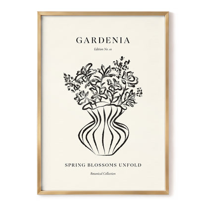 Gardenia in Stripes, black, beige, white floral wall art, front artwork view