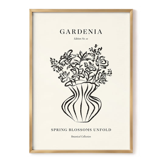 Gardenia in Stripes, black, beige, white floral wall art, front artwork view