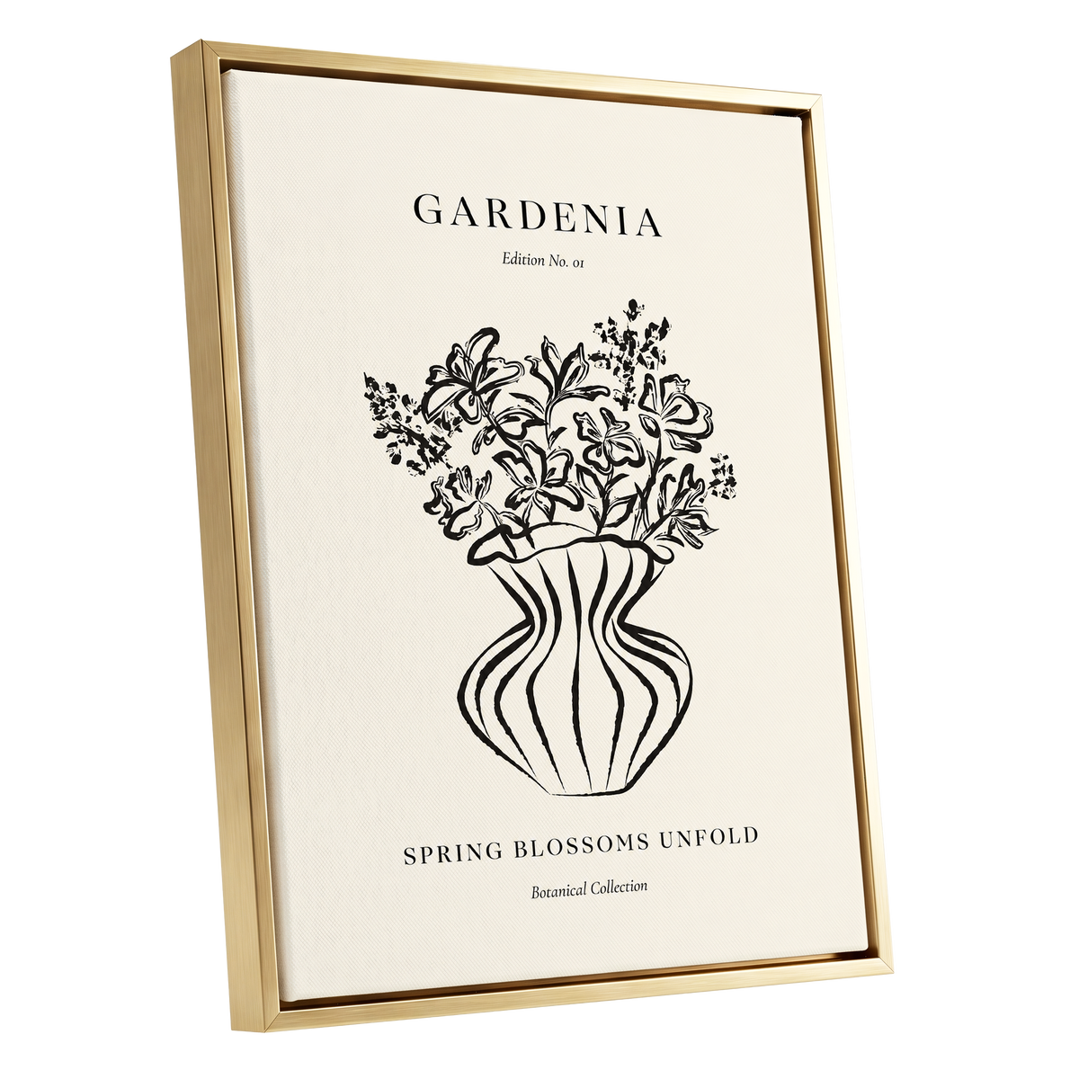 Gardenia in Stripes, black, beige, white floral wall art shown as a gold framed canvas wall art