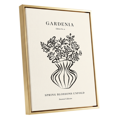 Gardenia in Stripes, black, beige, white floral wall art shown as a gold framed canvas wall art