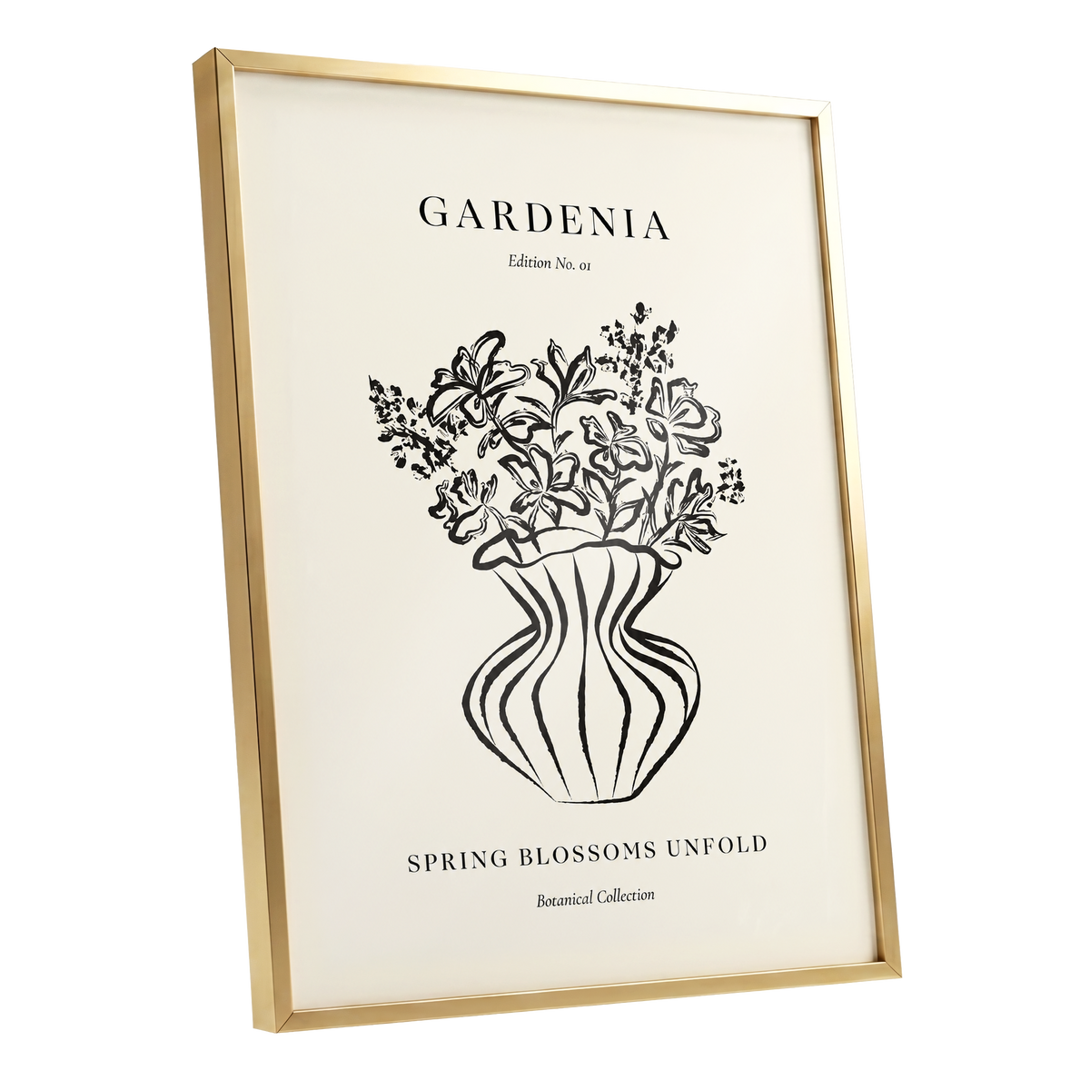 Gardenia in Stripes, black, beige, white floral wall art shown as a gold framed poster wall art print
