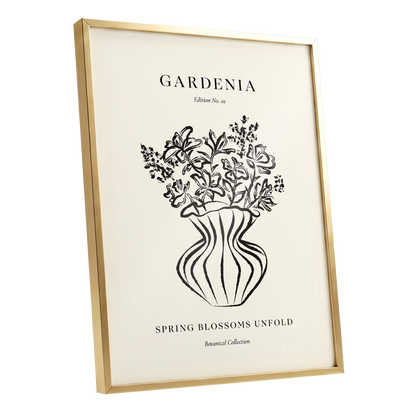 Gardenia in Stripes, black, beige, white floral wall art shown as a gold framed poster wall art print