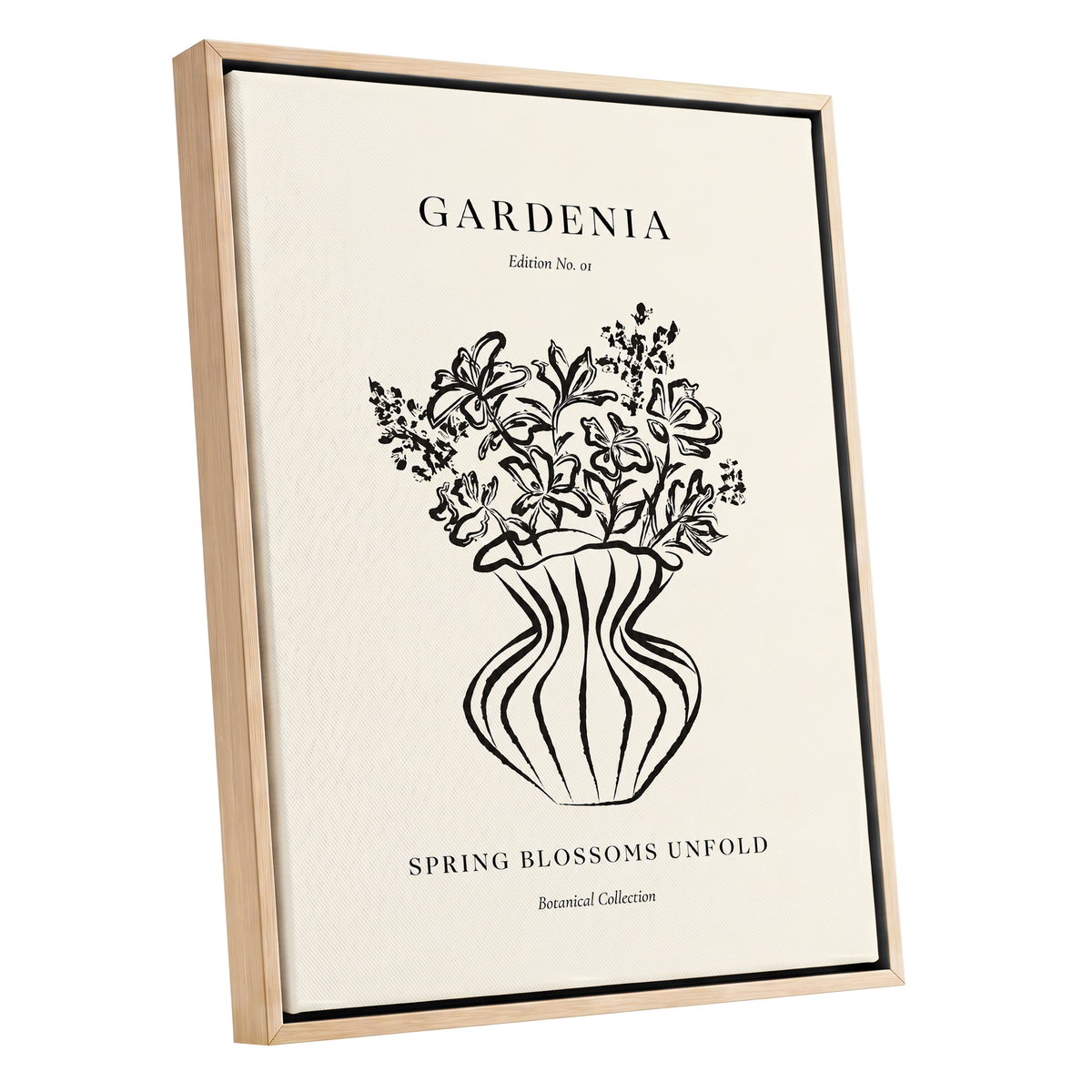 Gardenia in Stripes, black, beige, white floral wall art shown as a oak framed canvas wall art