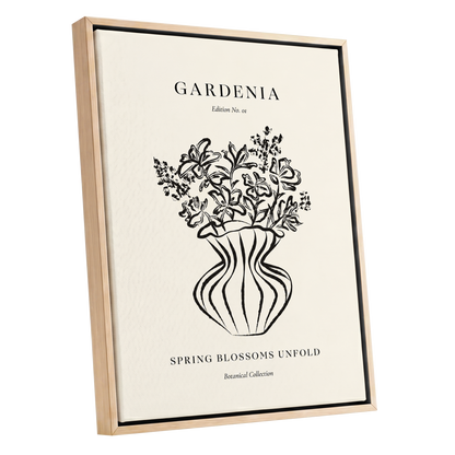 Gardenia in Stripes, black, beige, white floral wall art shown as a oak framed canvas wall art