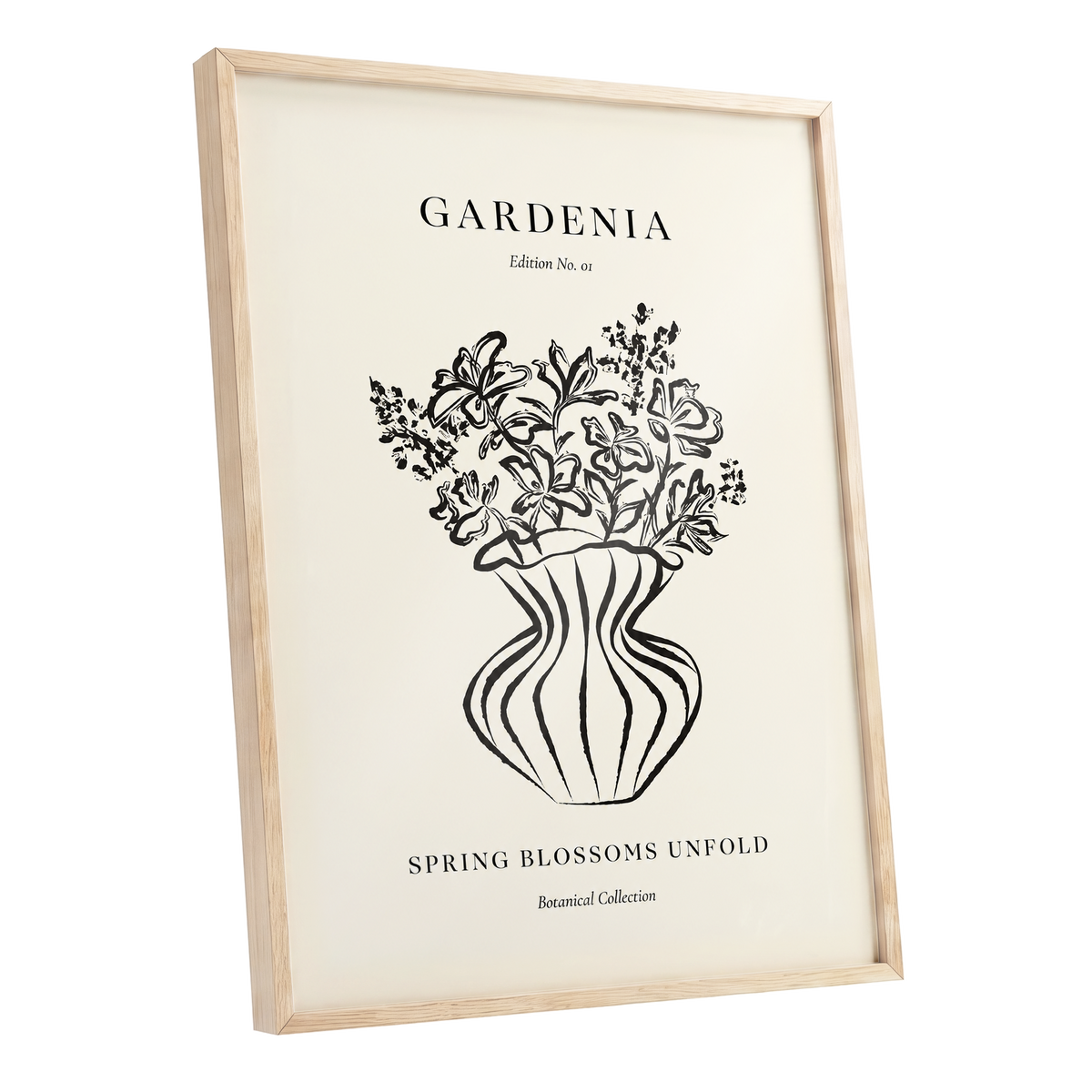 Gardenia in Stripes, black, beige, white floral wall art shown as a oak framed poster wall art print