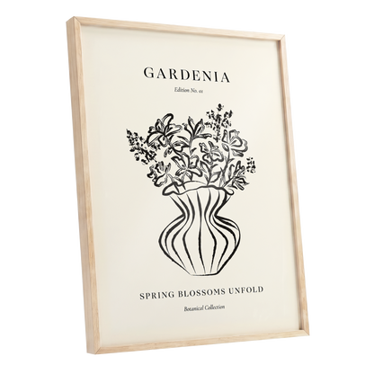 Gardenia in Stripes, black, beige, white floral wall art shown as a oak framed poster wall art print