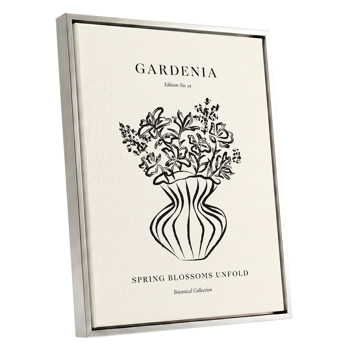 Gardenia in Stripes, black, beige, white floral wall art shown as a silver framed canvas wall art