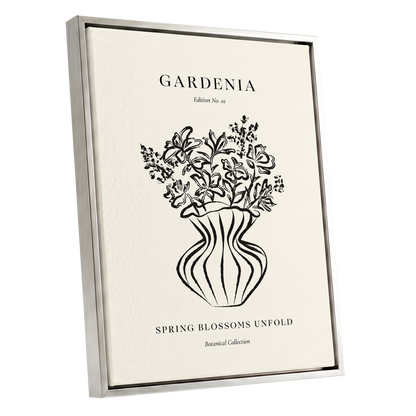 Gardenia in Stripes, black, beige, white floral wall art shown as a silver framed canvas wall art