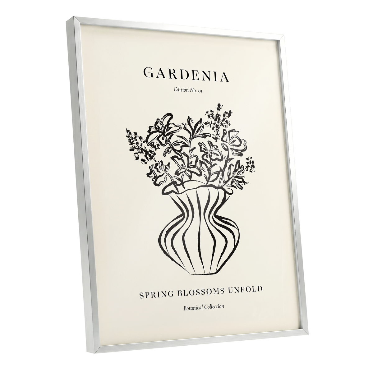 Gardenia in Stripes, black, beige, white floral wall art shown as a silver framed poster wall art print