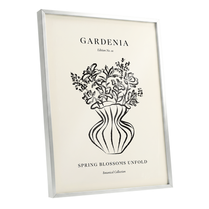 Gardenia in Stripes, black, beige, white floral wall art shown as a silver framed poster wall art print