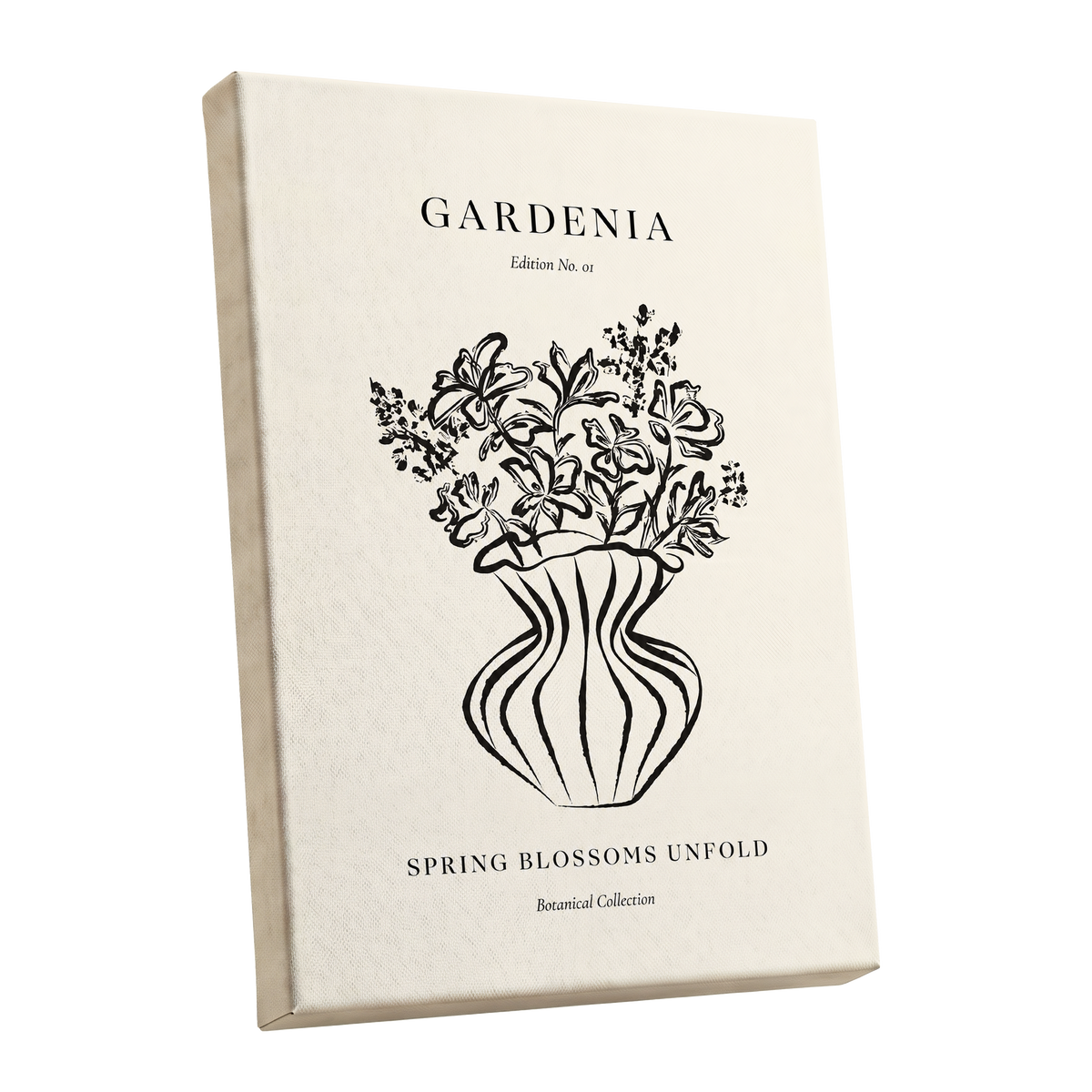 Gardenia in Stripes, black, beige, white floral wall art shown as a stretched canvas wall art